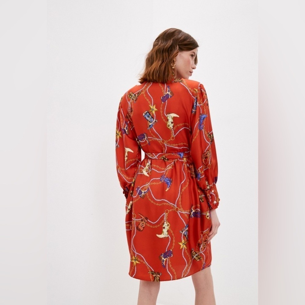 Sandro red silk cowboy boot western style long sleeve dress - Picture 15 of 16